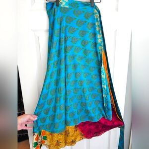 Silk Sari Wrap Skirt, Regular ANKLE, blue, pink, gold